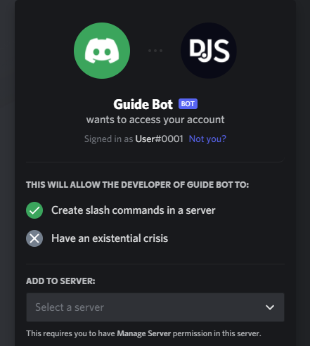 presumir Equipo popular Adding your bot to servers | discord.js Guide