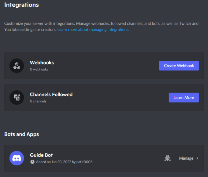 Server Integrations Page – Discord